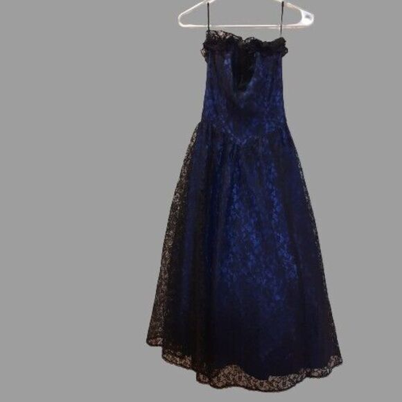 Vtg 7 GUNNE SAX Jessica McClintock Lace Prom Dress Party Gown Blue/Black DAMAGED - Picture 1 of 13
